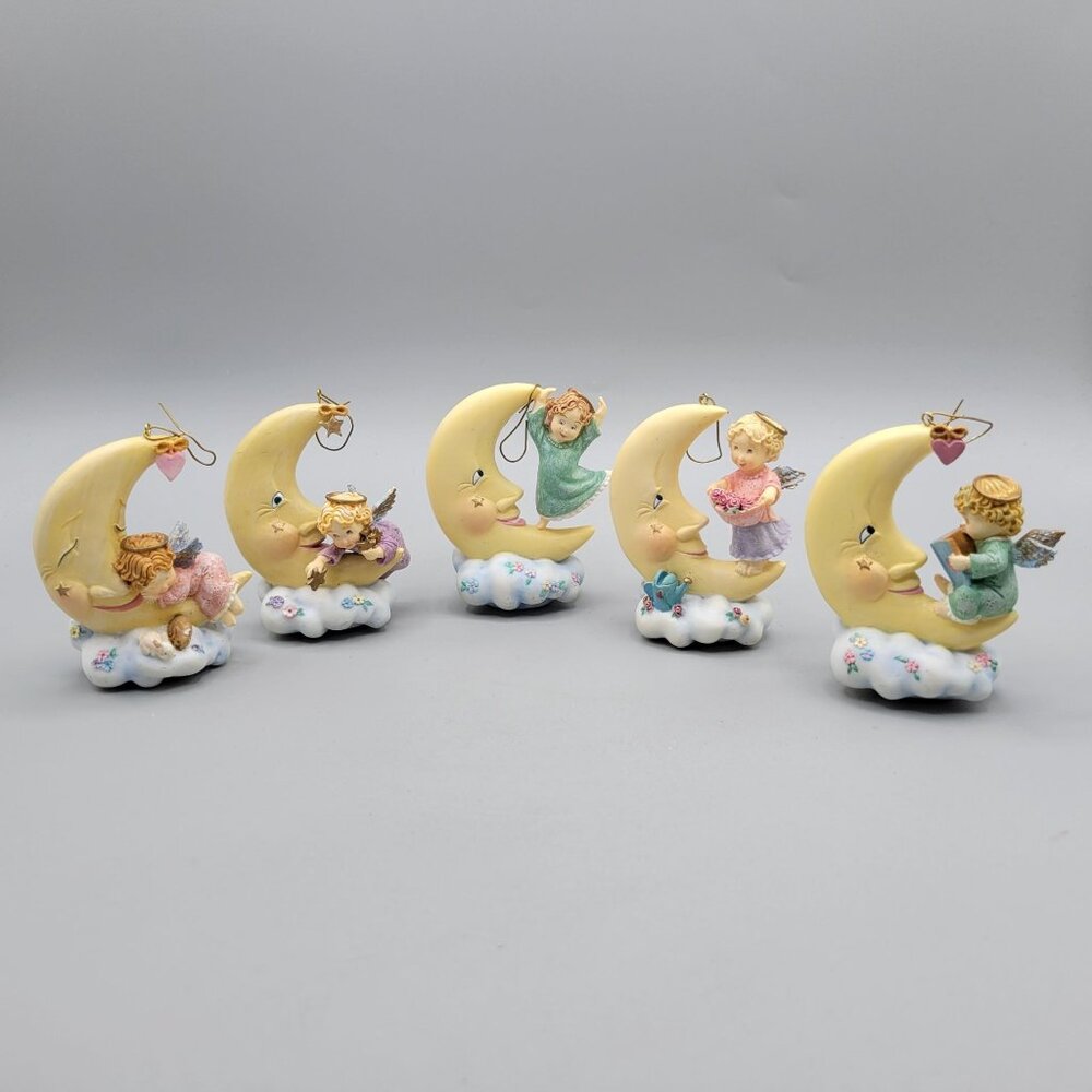 Heaven's Little Helpers Hanging Moon Angel Ornaments Porcelain Set of 5